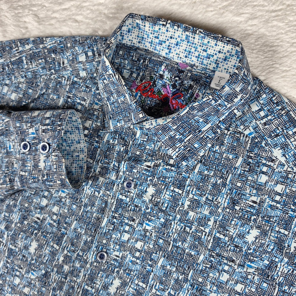 Robert Graham Classic Fit Mens L Blue Abstract Geometric L/S Button Up Shirt
